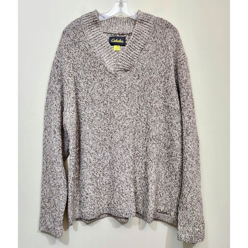 CABELA'S Cotton Shaker Sweater BROWN/IVORY MIXED YARN V-Neck Relaxed Fit MEN'S L